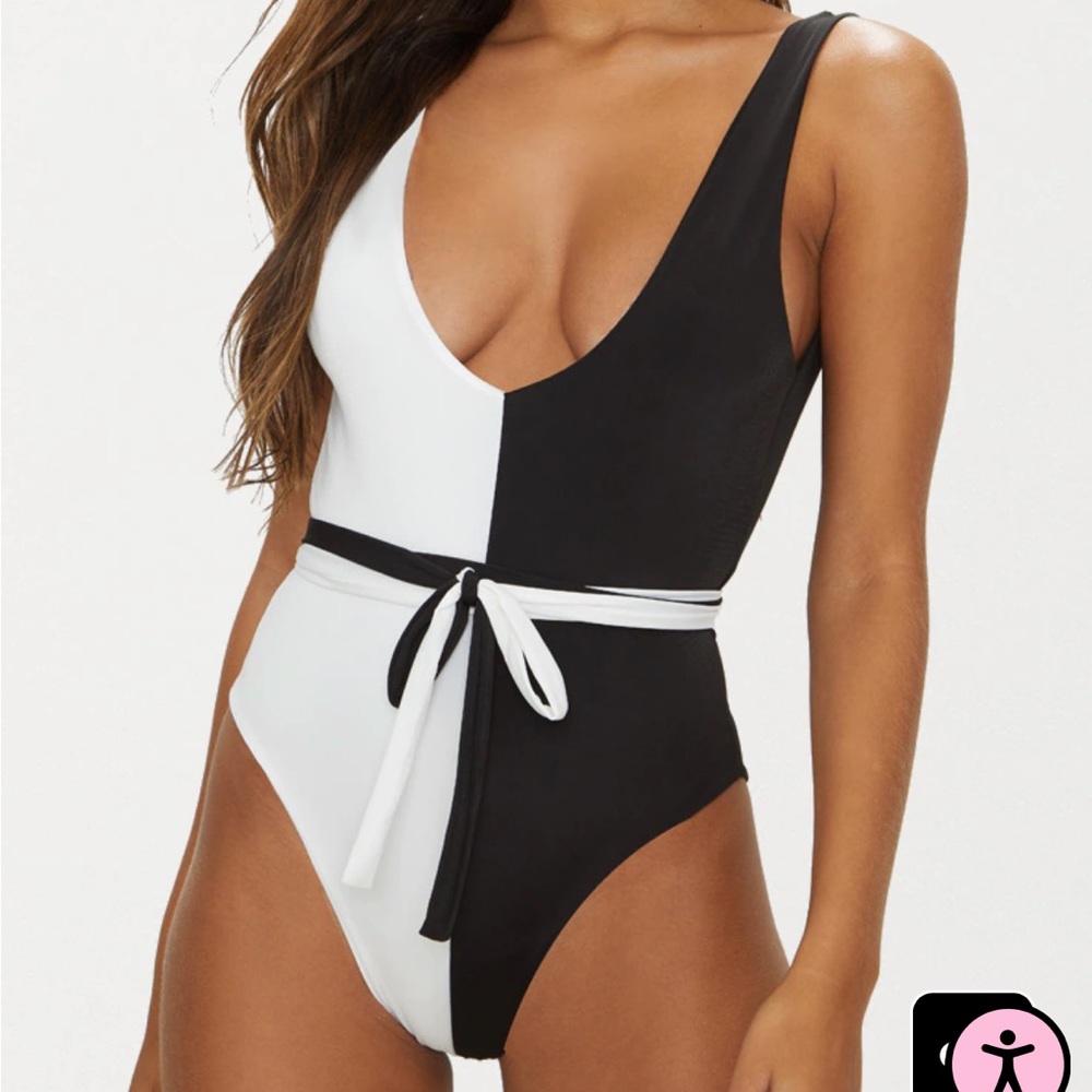 PLT Black And White Contrast Tie Waist Swimsuit